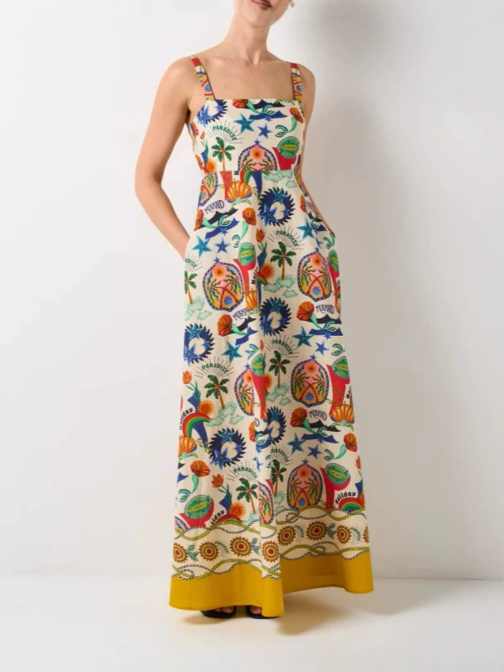 ZARA Stylish Linen Print Vest Flared Maxi Dress